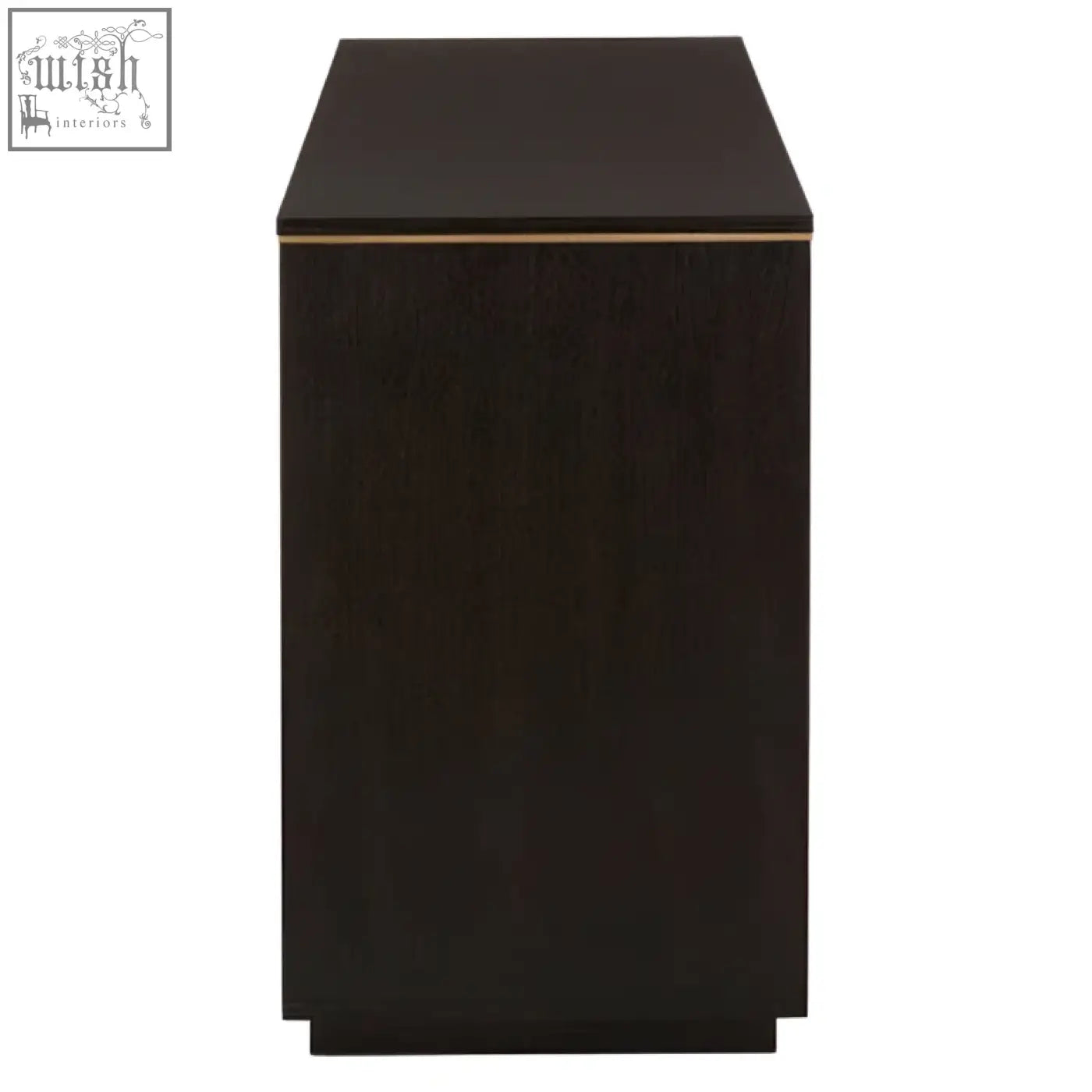 Dark wood diamond oak veneer console table with sleek minimalist design and thin gold trim along top edge