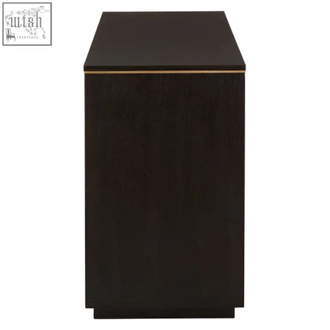 Dark wood diamond oak veneer console table with sleek minimalist design and thin gold trim along top edge