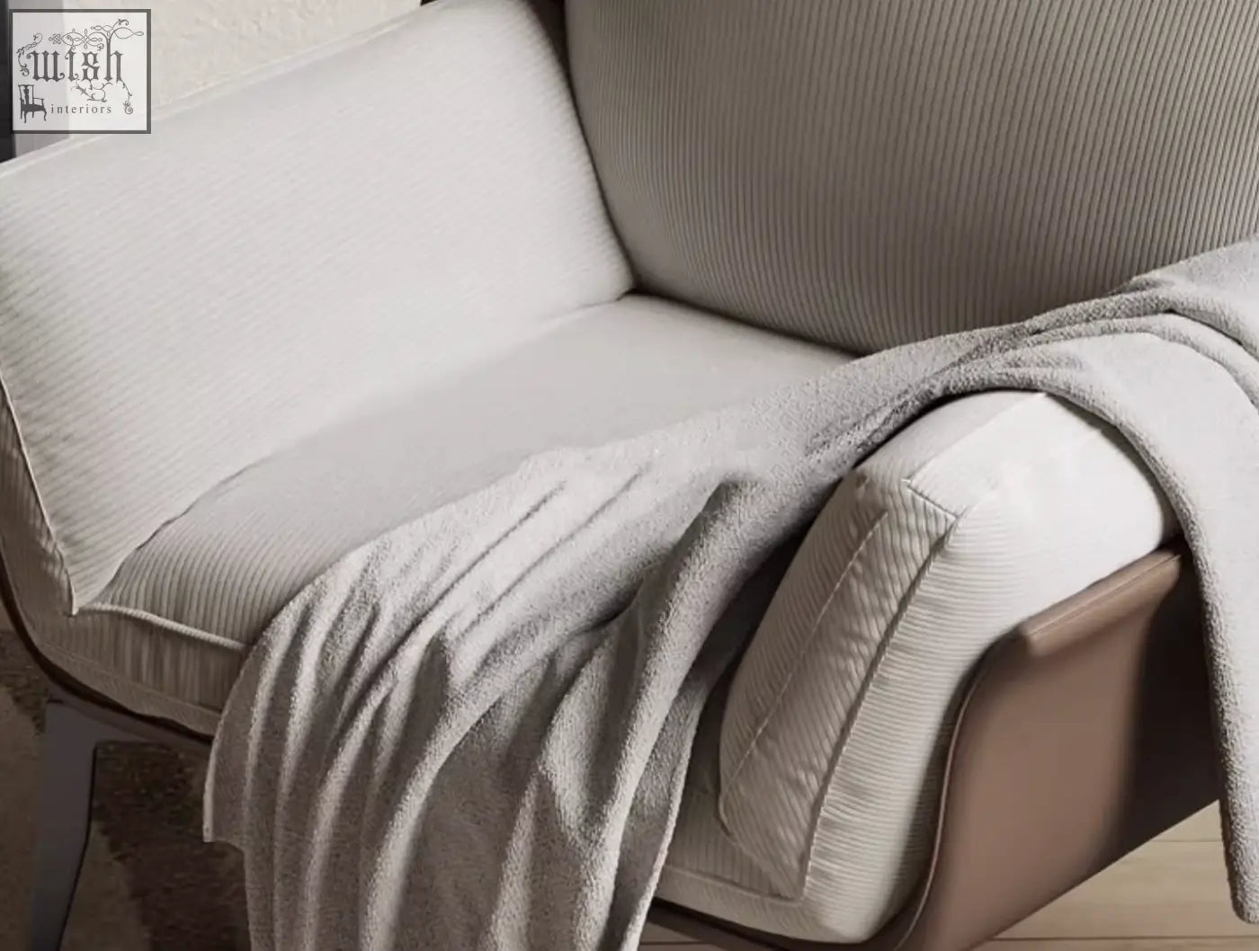 Beige dias armchair with corduroy upholstery features a matching cushion and cozy throw blanket offer financing available