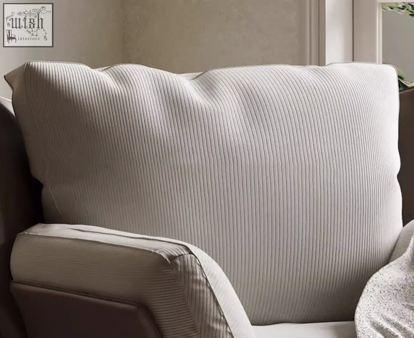 Beige corduroy throw pillow with vertical ribbed texture on dias armchair featuring corduroy upholstery offer financing