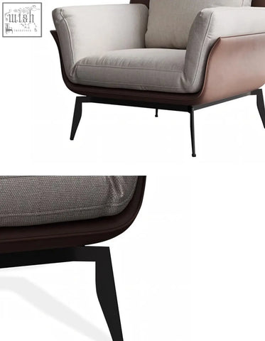 Modern dias armchair with corduroy upholstery in beige and muted rose gold on a sleek dark wood frame, check shipping cost