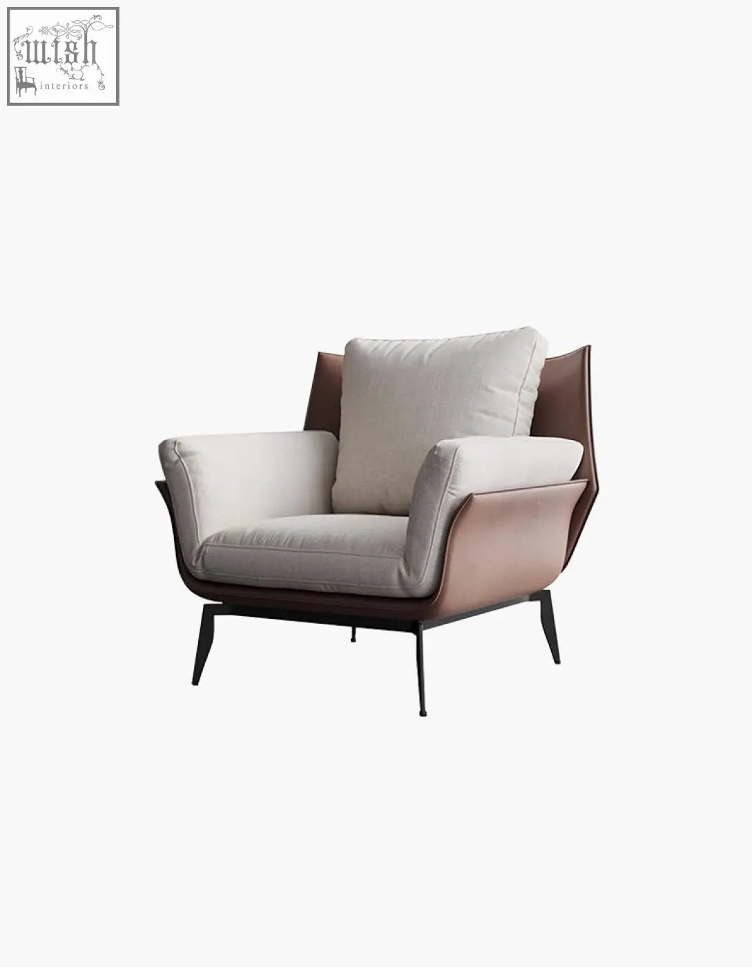 Modern dias armchair with corduroy upholstery, brown leather accents, and sleek black metal legs, offer financing available