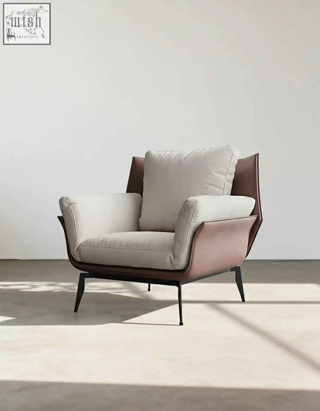 Dias armchair with corduroy upholstery in light gray and brown leather on black legs offer financing available