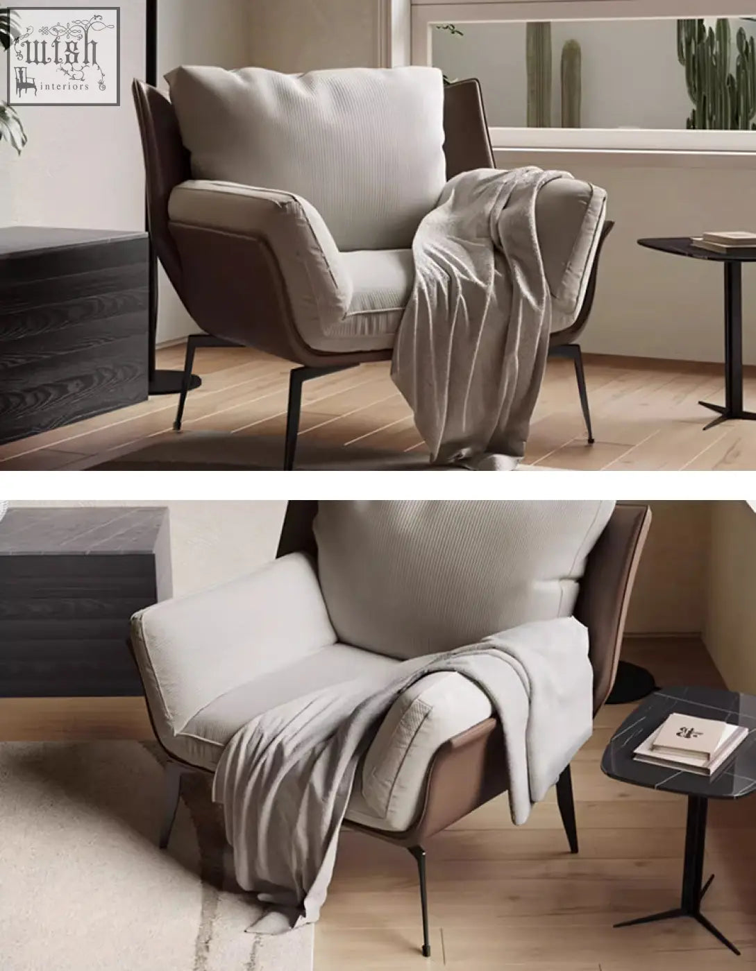 Dias armchair with plush beige cushions and dark brown corduroy upholstery perfect for cozy seating and low shipping cost