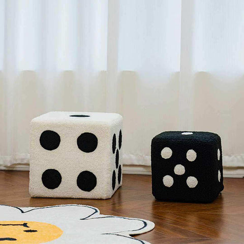 White and black plush dice footstool with embroidered dots available in 22cm x 22cm and 33cm x 33cm sizes