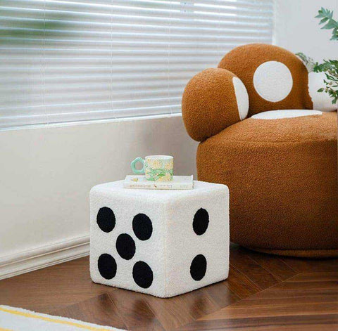 White plush dice footstool with black dots measuring 22cm x 22cm perfect for cozy seating or footrest