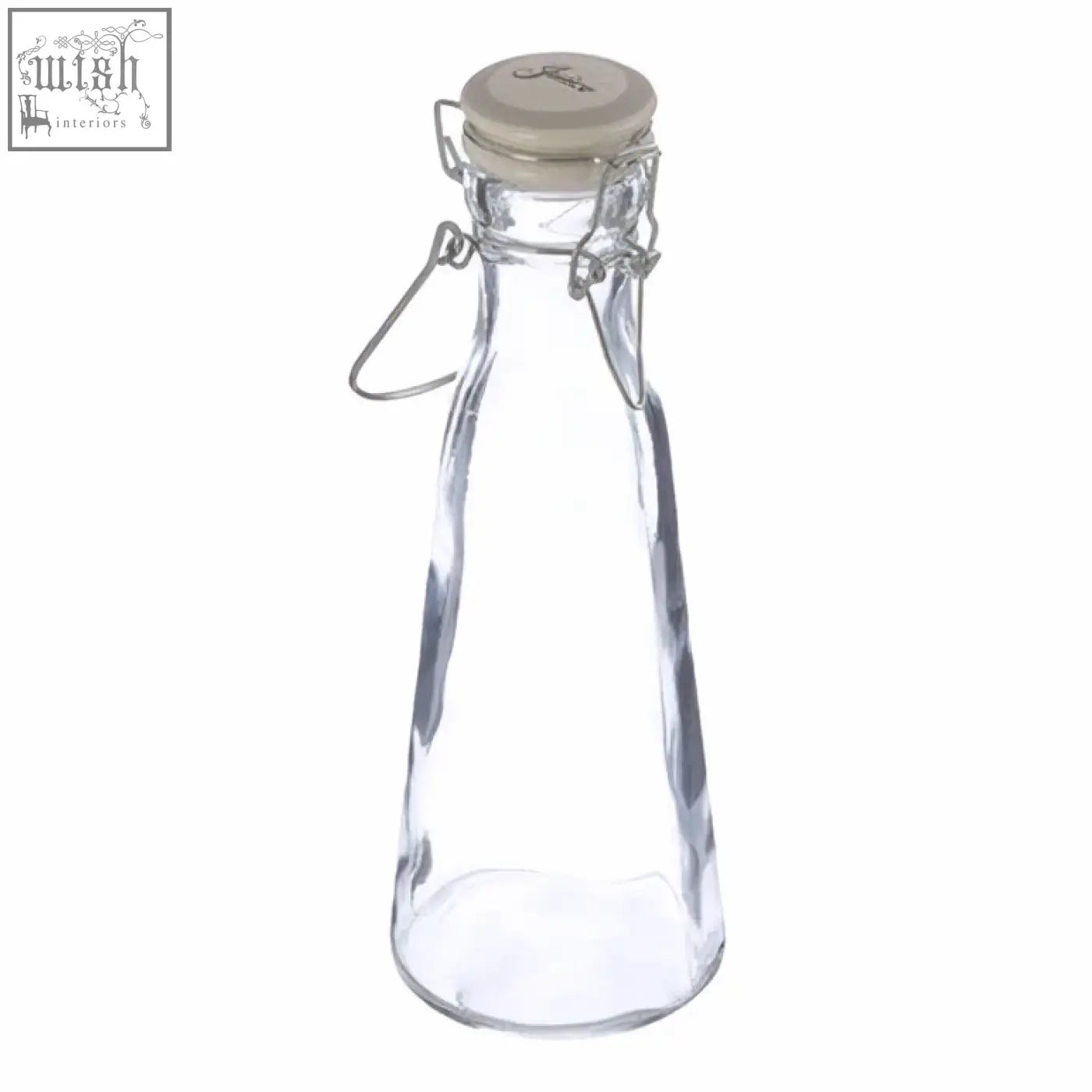Clear glass juice glass bottle 1000ml with beige cork stopper and metal clasp for fresh drinks storage