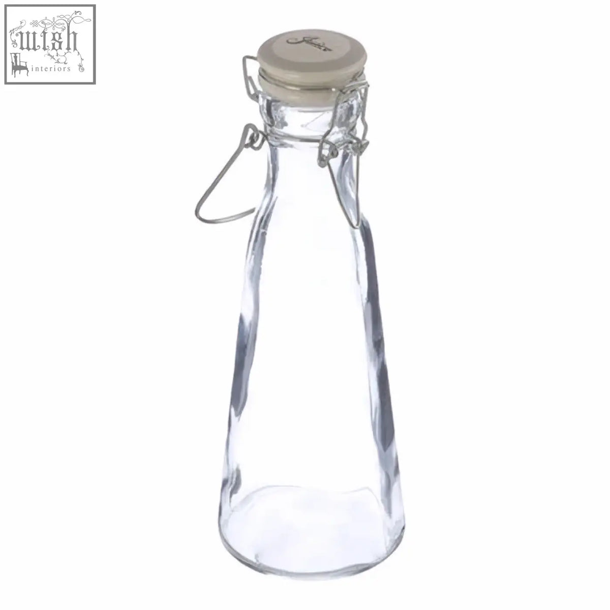 Clear glass juice glass bottle 1000ml with beige cork stopper and metal clasp for fresh drinks storage
