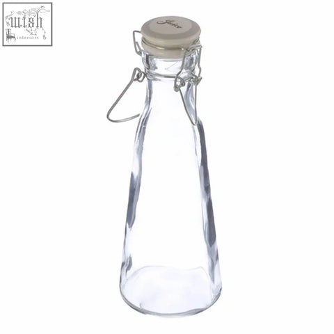 Clear glass juice glass bottle 1000ml with beige cork stopper and metal clasp for fresh drinks storage