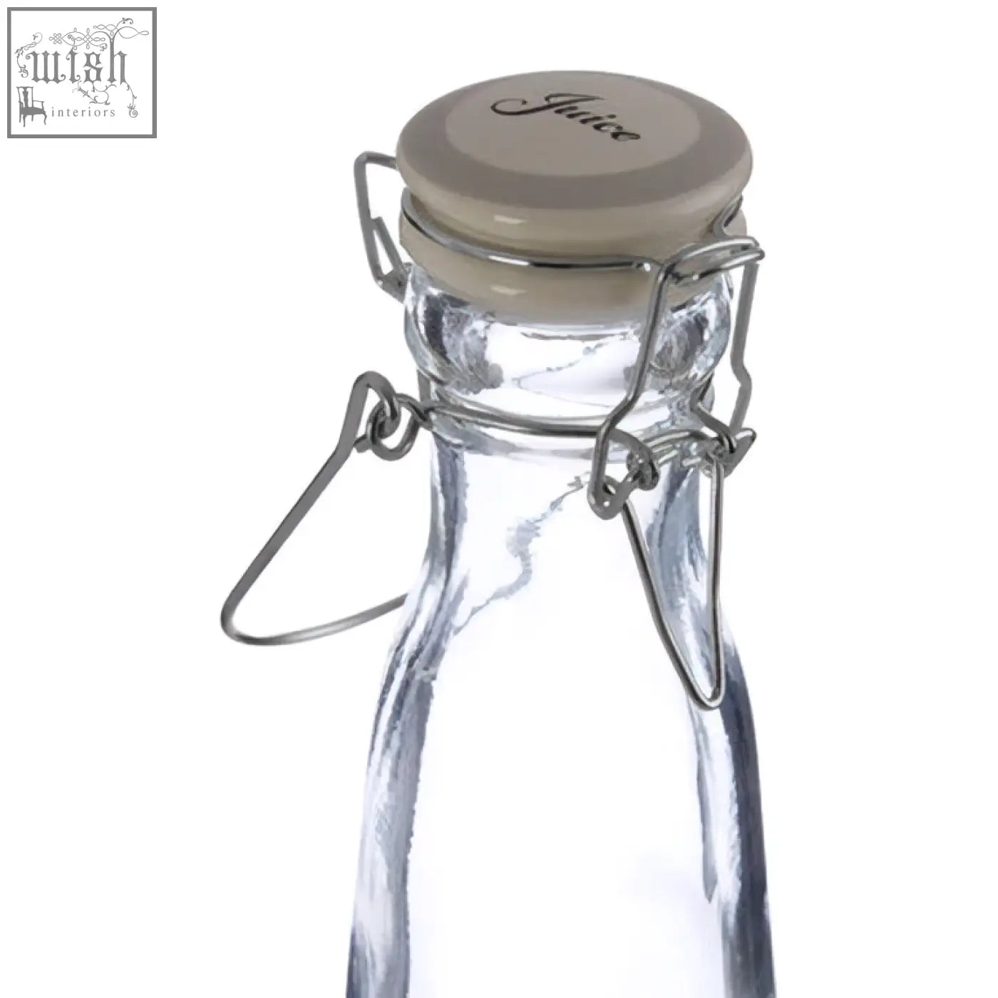 Clear glass juice glass bottle 1000ml with beige cork stopper and silver metal clasp by diego juice