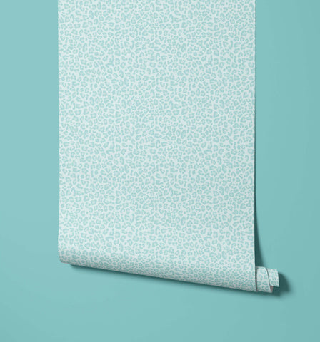 A roll of diego light mint green leopard print wallpaper with subtle repeating pattern and visual texture