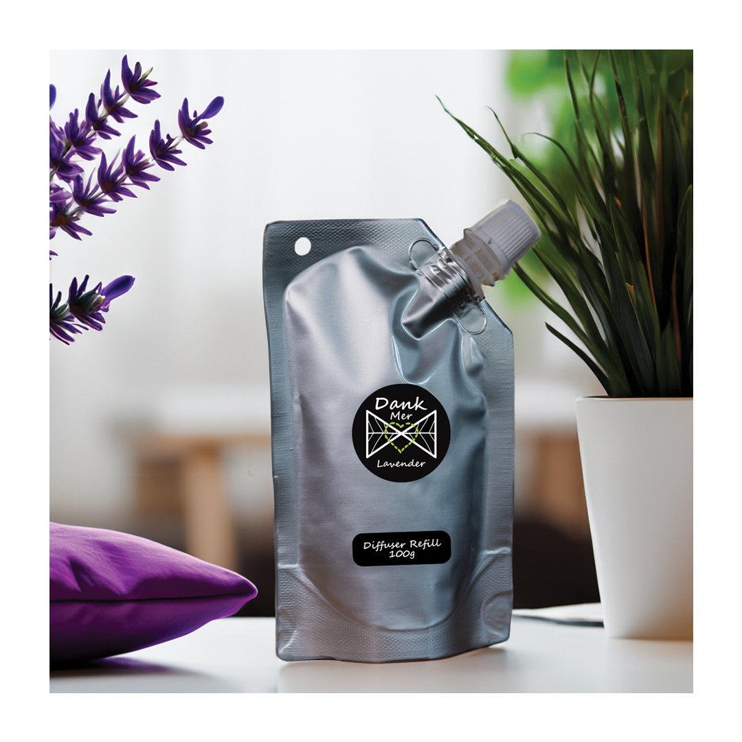 Silver metallic pouch diffuser refill with white cap and black label for dank mer lavender scent 100g