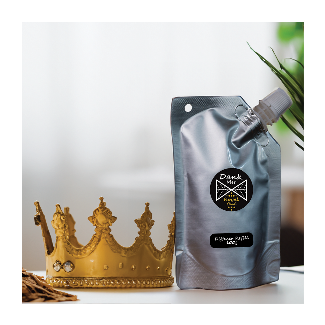 Silver pouch diffuser refills with black label white text and crown logo for dank mer royal oud scent