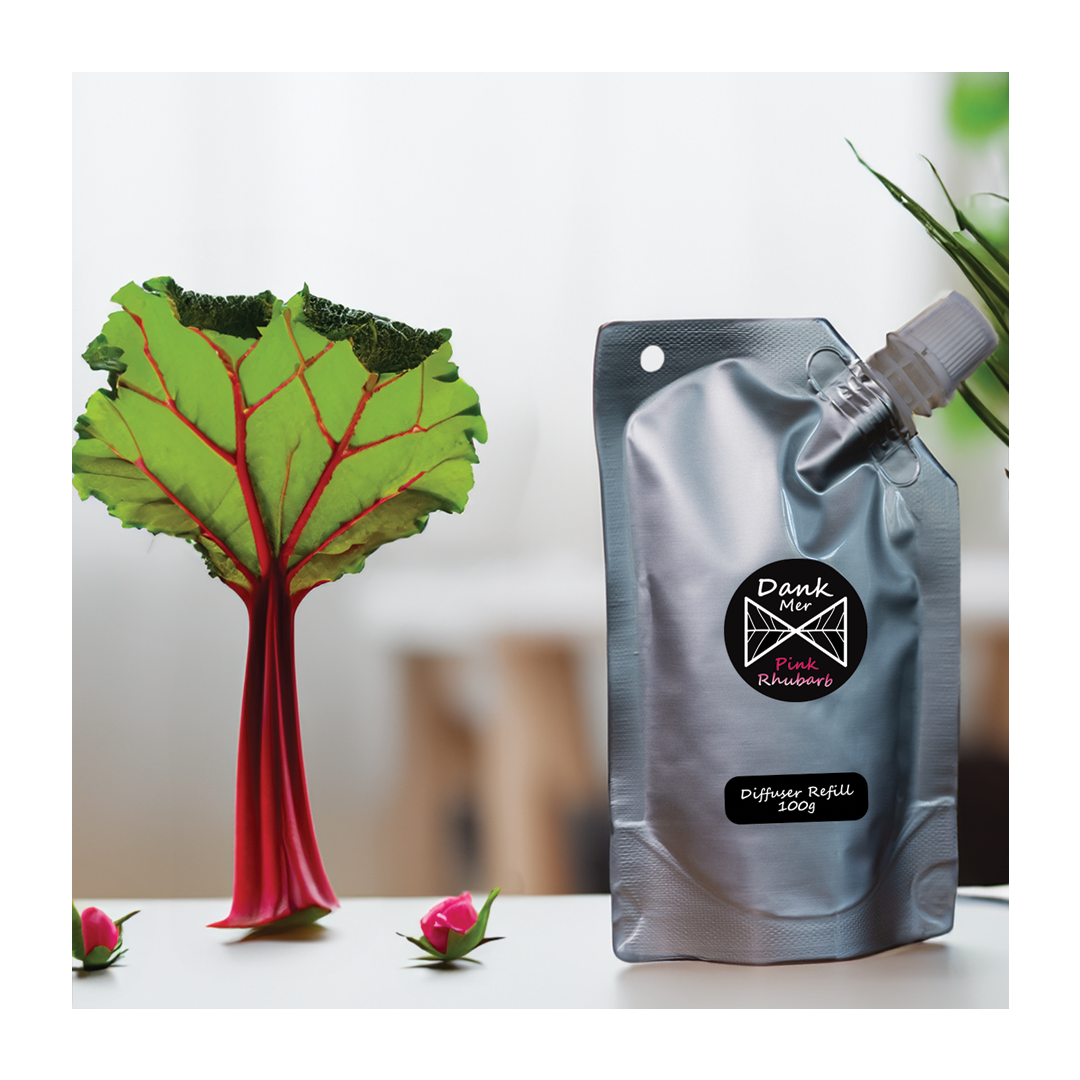 Silver pouch of dank mer pink rhubarb diffuser refill 100g with white cap and textured surface for home scent