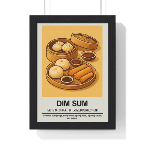 Black-framed dim sum wall art featuring warm-toned steamed dumplings and buns in wooden baskets for kitchen decor