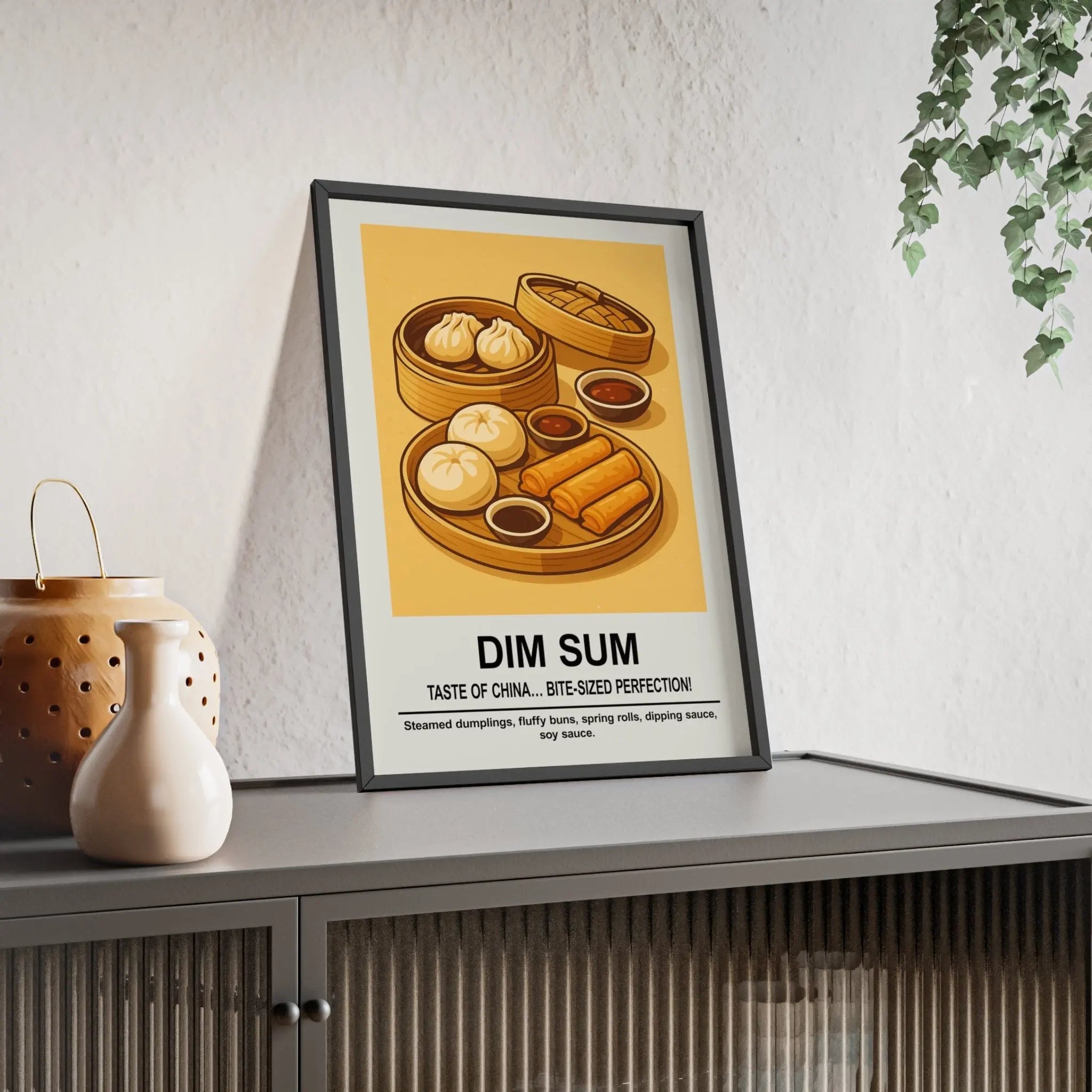 A framed dim sum wall art print with vibrant yellow background showing steamed dumplings and spring rolls for kitchen decor