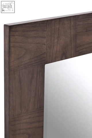 Dimaro antique grey wall mirror with dark brown wooden frame and visible wood grain texture for grey wall decor