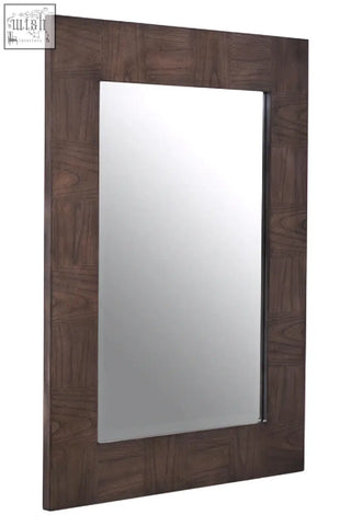 Dimaro antique grey wall mirror with dark brown wooden frame and textured woven wood pattern perfect for grey wall mirror decor