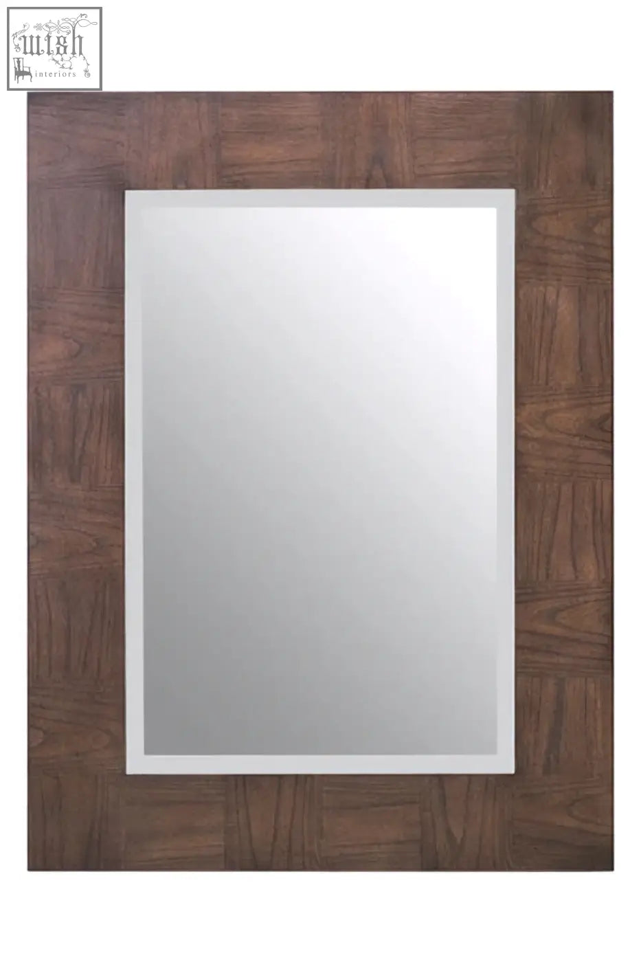 Rectangular dimaro antique grey wall mirror with dark brown wooden frame and intricate interlocking pattern