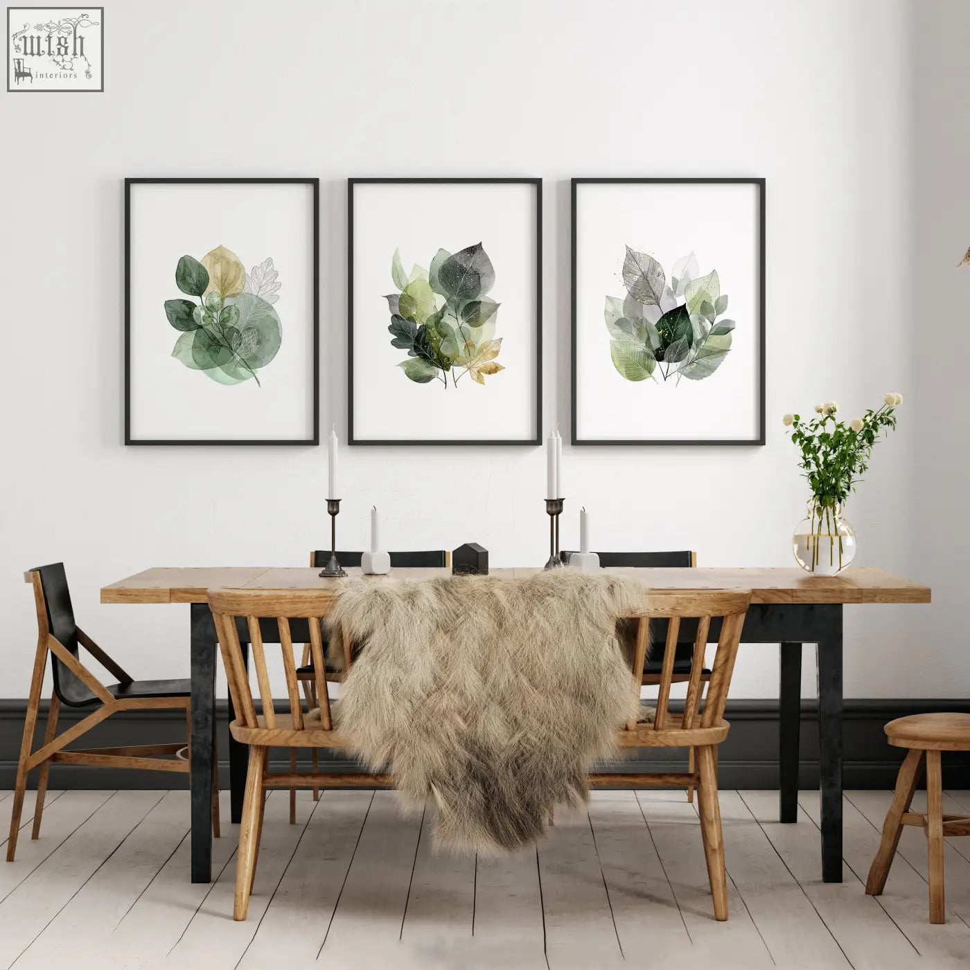 Set of 3 framed dining room art prints featuring farmhouse botanical leaves in muted green and gold tones wall art