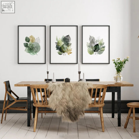 Set of 3 framed dining room art prints featuring farmhouse botanical leaves in muted green and gold tones wall art