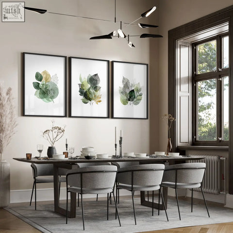 Set of 3 framed botanical wall art prints featuring green and gold leaves perfect for dining room art decor