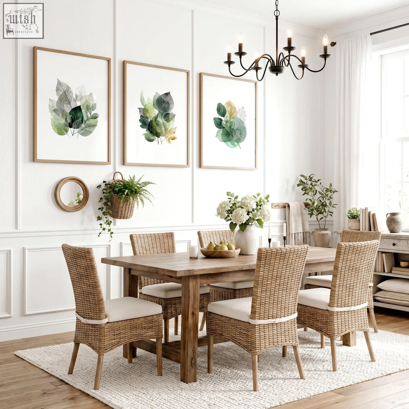 Woven wicker dining chairs with cream cushioned seats paired with farmhouse botanical dining room wall art set of 3