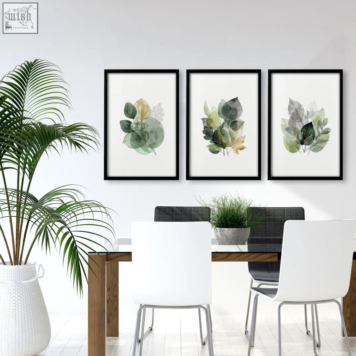Three framed botanical wall art prints with muted green and gold leaves in black frames perfect for dining room art