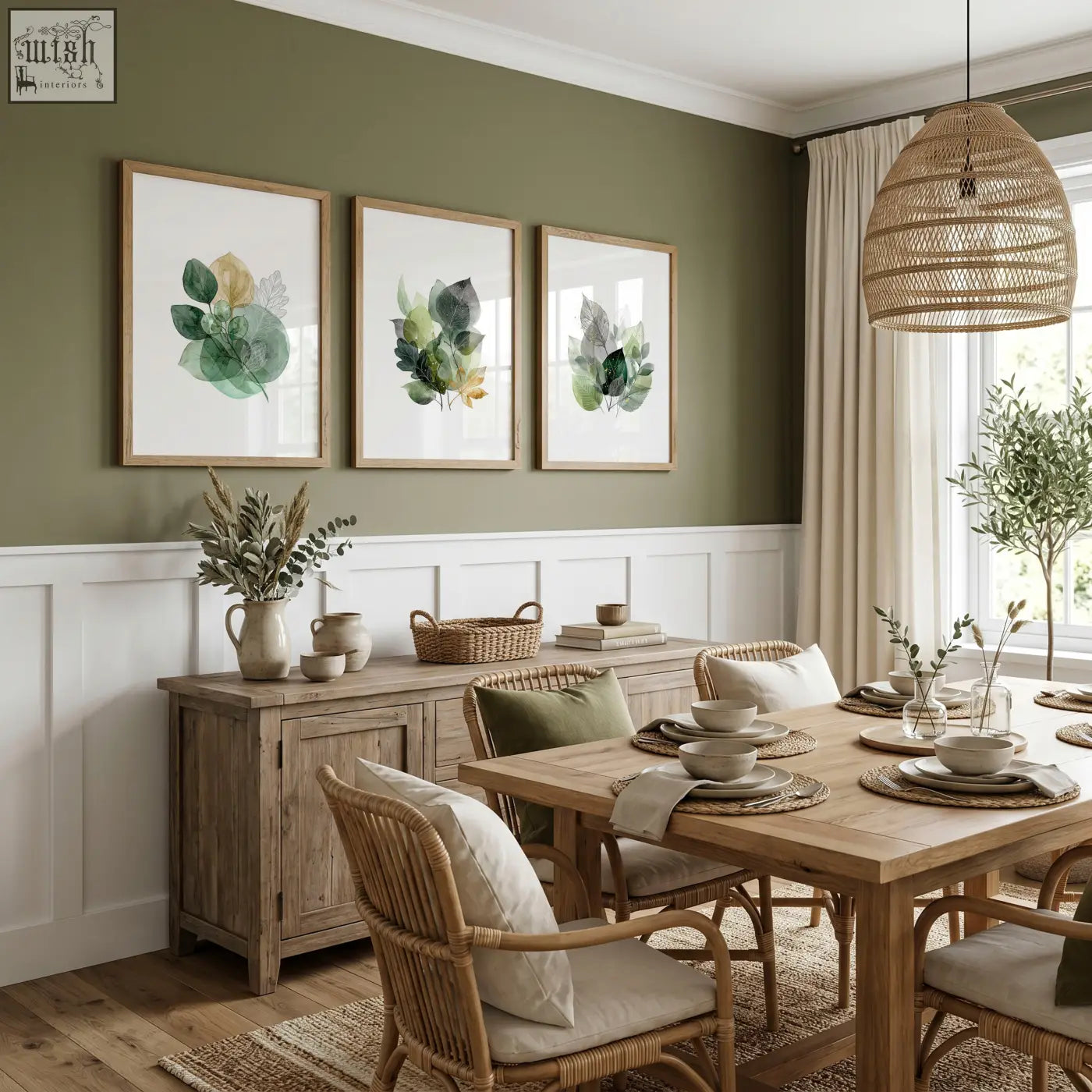 Woven rattan pendant light with natural textured finish paired with green and gold-toned dining room wall art prints set