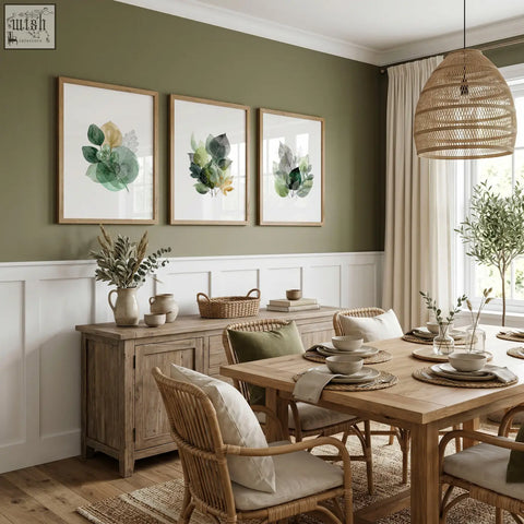 Woven rattan pendant light with natural textured finish paired with green and gold-toned dining room wall art prints set