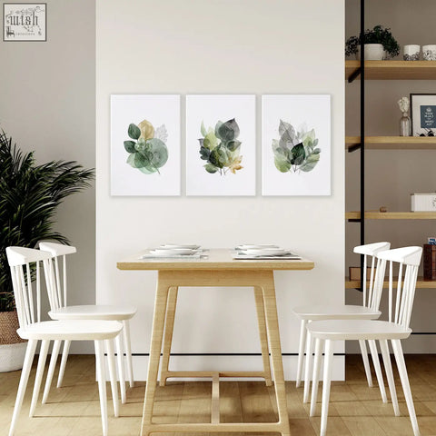 Set of three framed botanical prints with green and gold watercolor leaves perfect as dining room art wall decor