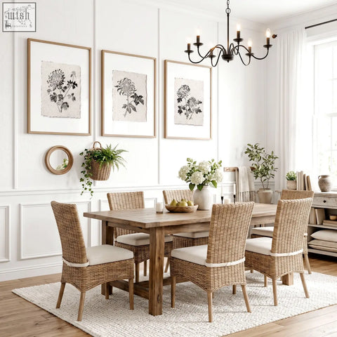 Woven rattan dining chairs with cream cushioned seats paired with botanical chrysanthemum wall art prints for dining room