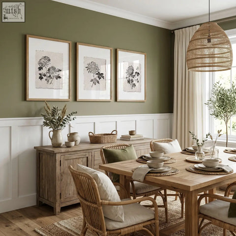 Woven rattan pendant light with natural textured finish perfect for adding warmth to your dining room wall art prints setup