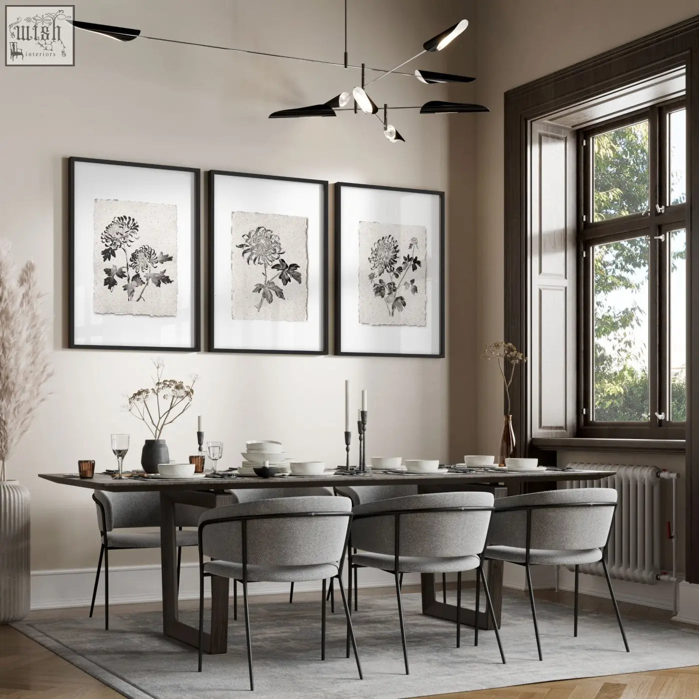 Modern black-framed botanical chrysanthemum ink wall art prints set of 3 above dining room table