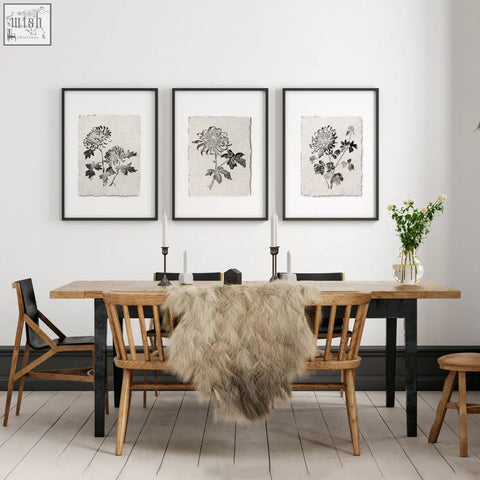 Three black-framed botanical chrysanthemum ink study wall art prints hang above a wooden dining room table