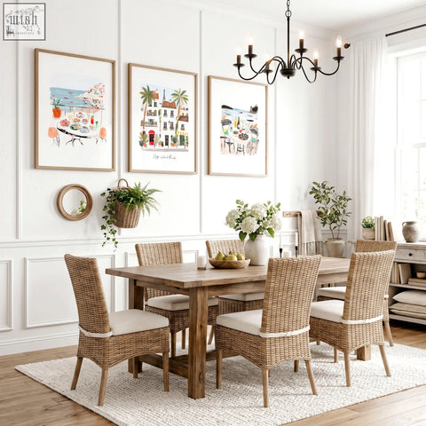 Woven wicker dining set with beige cushions and rustic wooden table for dining room wall art amalfi coast prints set