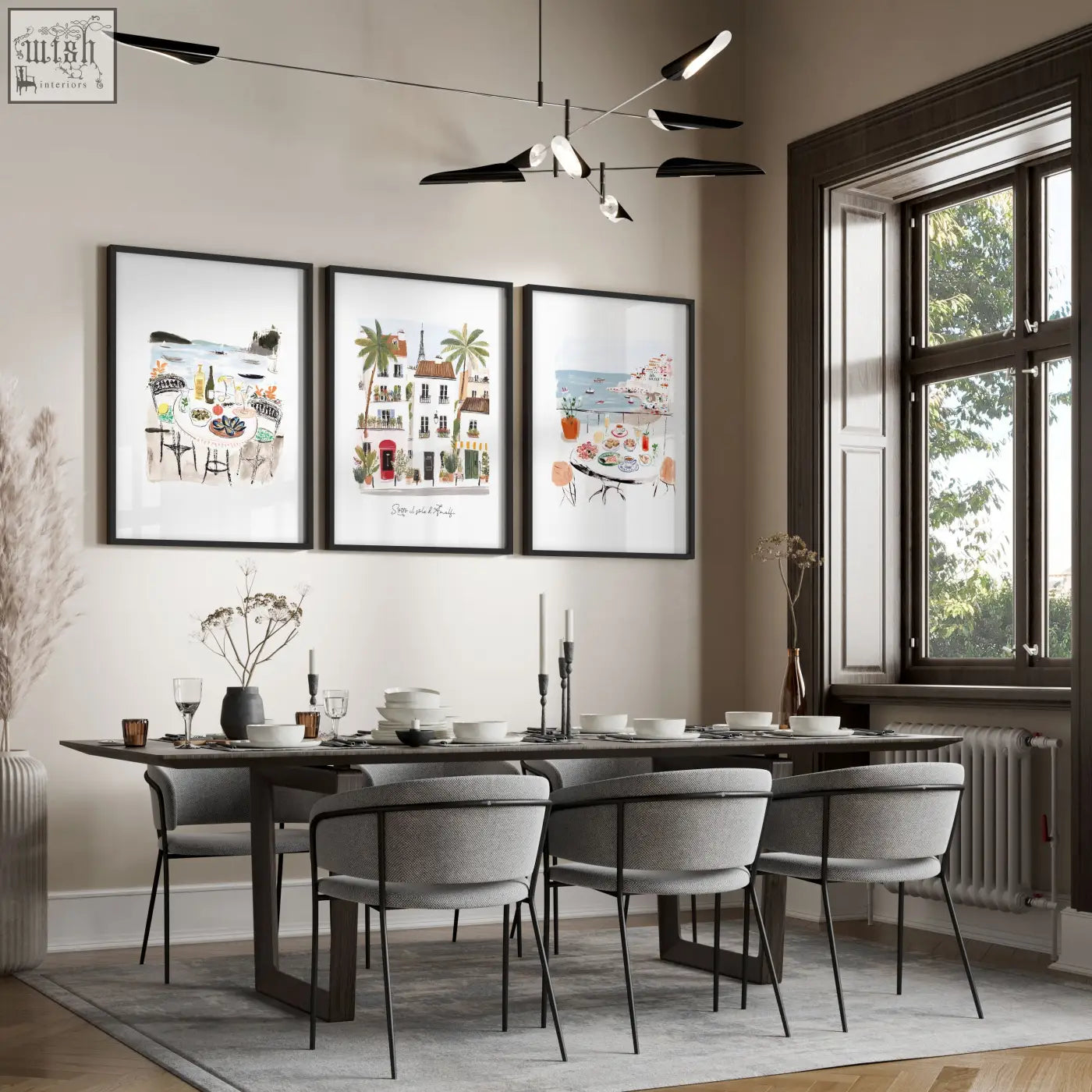 Modern dining table with dark wood surface and sleek black metal legs shown with amalfi coast dining room wall art set of 3