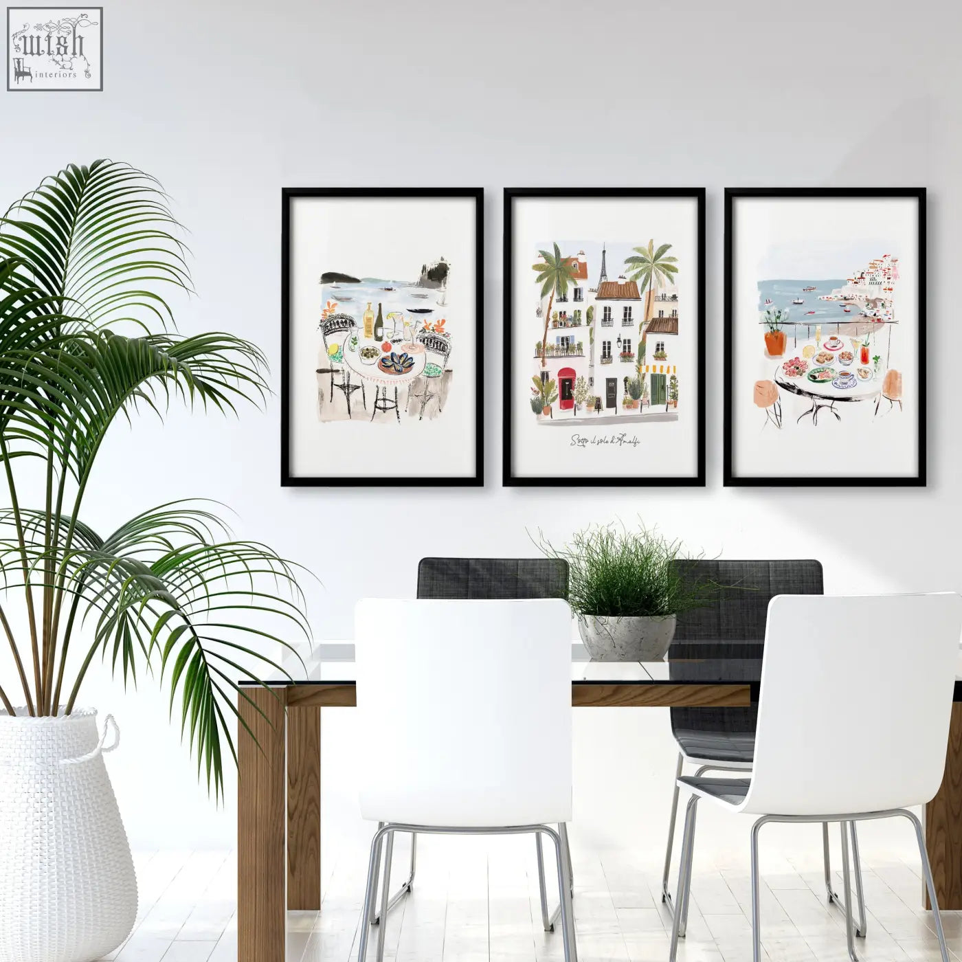 Three black framed watercolor prints showing seaside dining and european architecture for dining room wall art