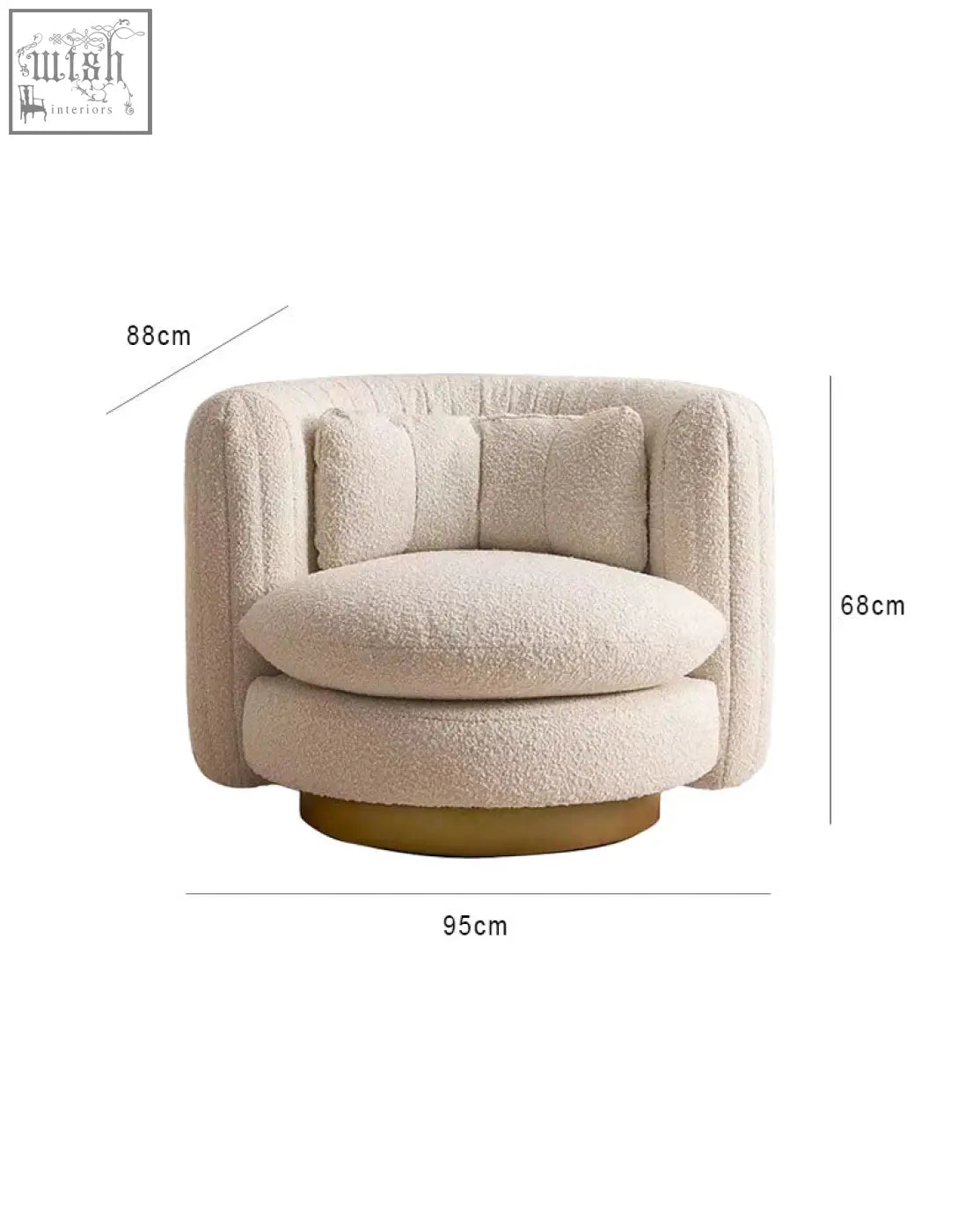 Cream-colored dino armchair features plush boucle fabric with a rounded design and gold-toned swivel base offer financing available