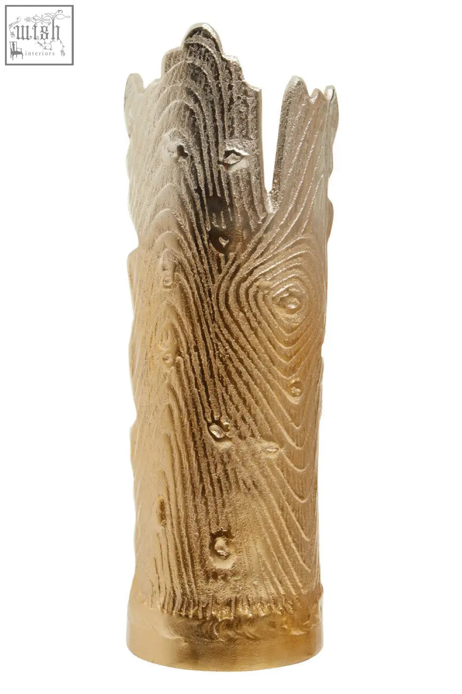 Golden metallic candle holder with textured tree-trunk design and irregular top in dion large ombre silver and gold finish