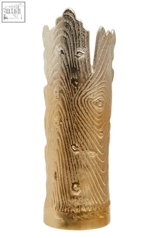 Golden metallic candle holder with textured tree-trunk design and irregular top in dion large ombre silver and gold finish