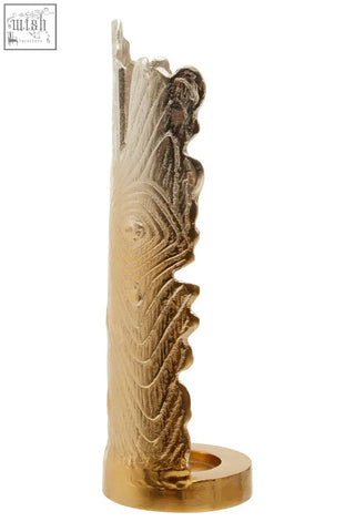 Golden metallic dion large ombre candle holder with intricate feather texture and circular base in large ombre silver style