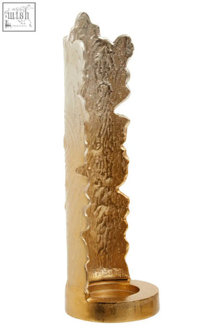 Gold-toned textured candle holder with sculptural leaf edge and circular base from dion large ombre silver and gold finish