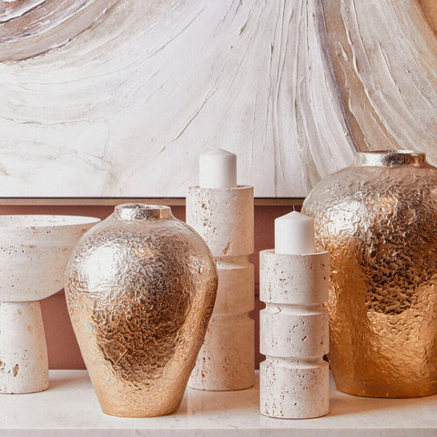 Dion large ombre textured ceramic vases with gold finish and hammered metallic surface in rounded bulbous shapes