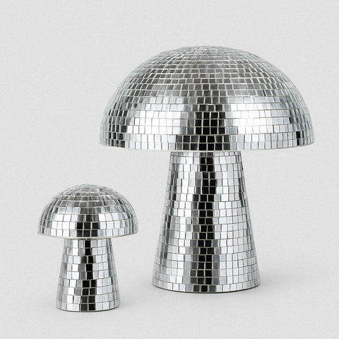Shiny silver disco mushrooms decor with mirrored mosaic tile surface to infuse joy and retro vibes