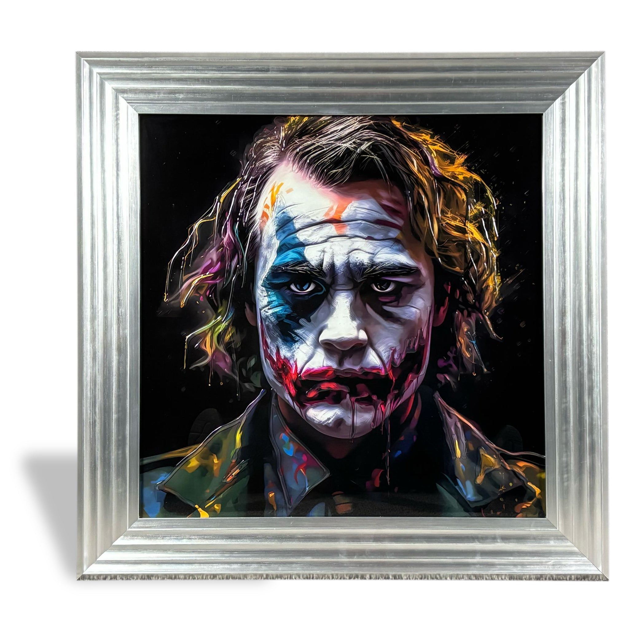 A vibrant stylized joker portrait in a silver frame artwork titled distorted calm perfect for edgy decor