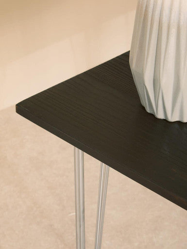 Black wooden district chrome metal console table with slender chrome legs and elm wood top for stylish storage