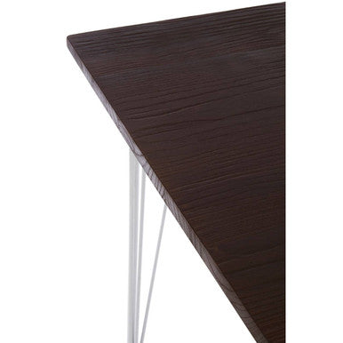 Dark brown elm wood table top with slender white district chrome metal hairpin legs for a sleek modern look