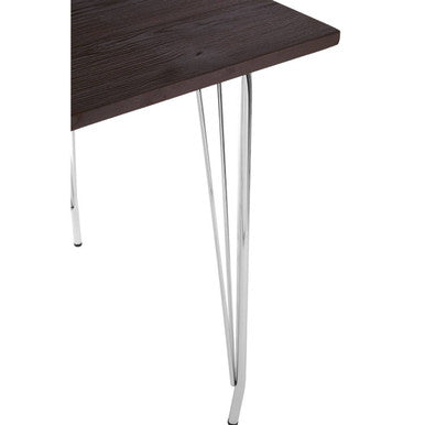 District chrome metal and elm wood table with dark wood top and slender chrome hairpin legs for modern style
