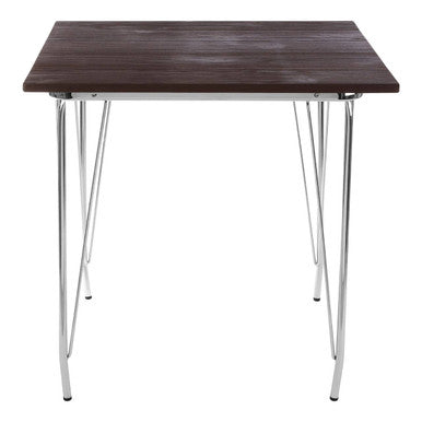 Dark wood elm wood table with slender district chrome metal hairpin legs for a modern look